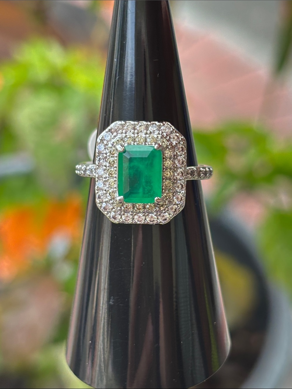 Green Emerald-Cut Halo Ring in Silver